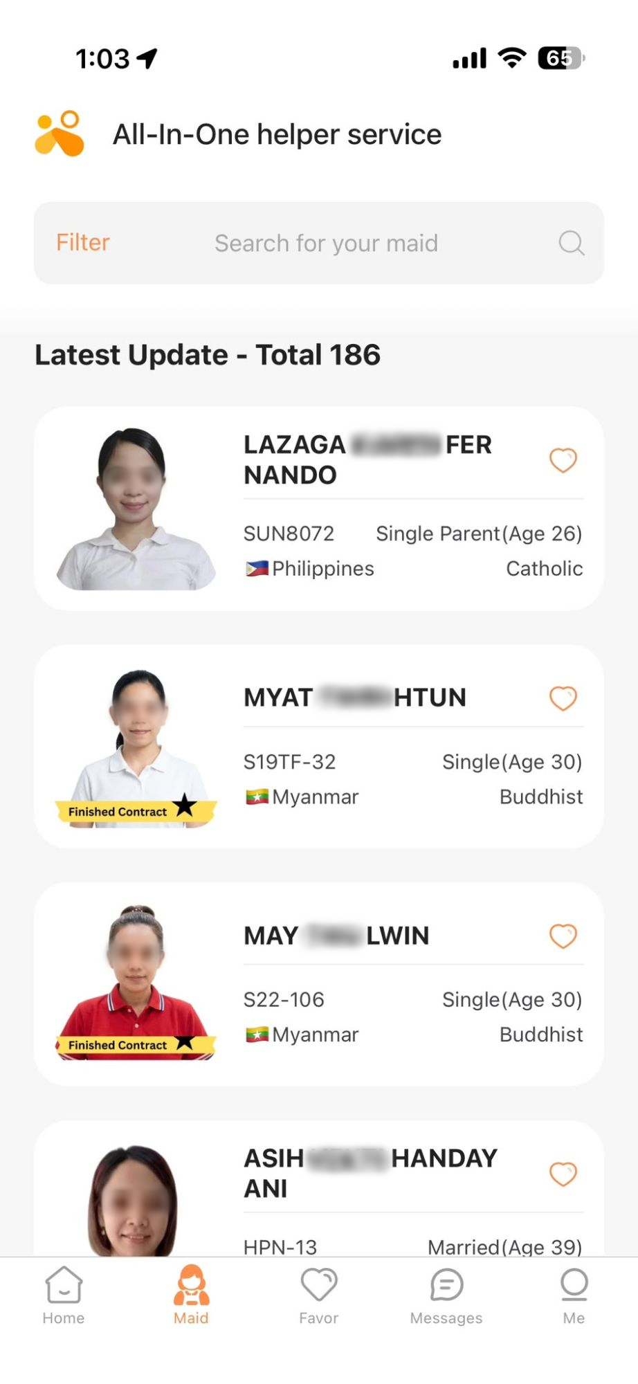 A list of helper profiles in the Helpering app